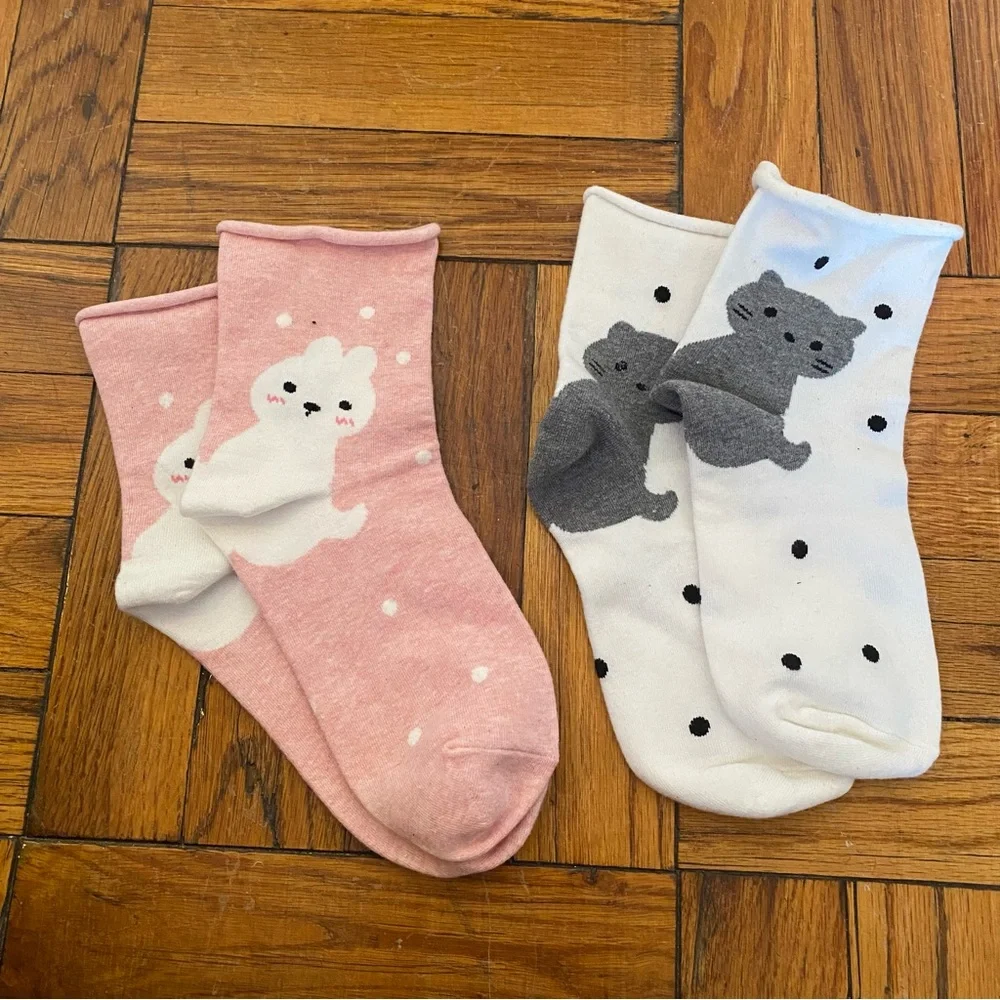 Cute Animal Print Socks - Pink and White - Bunnies and Kittens